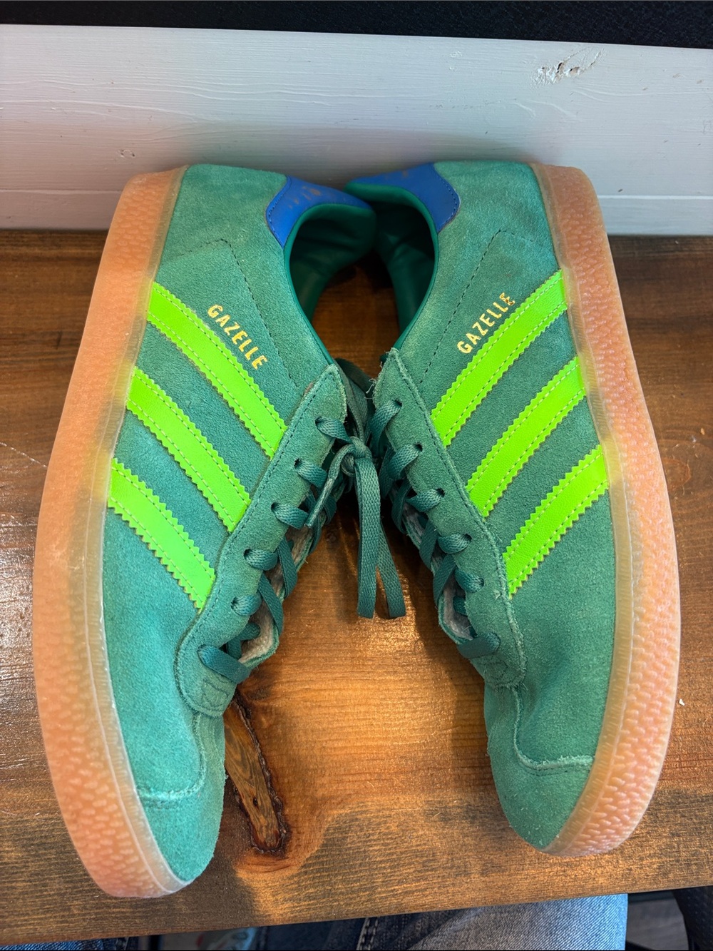 adidas gazelle Women’s Teal Suede Sneakers with Neon Green Stripes - Picture 4 of 6